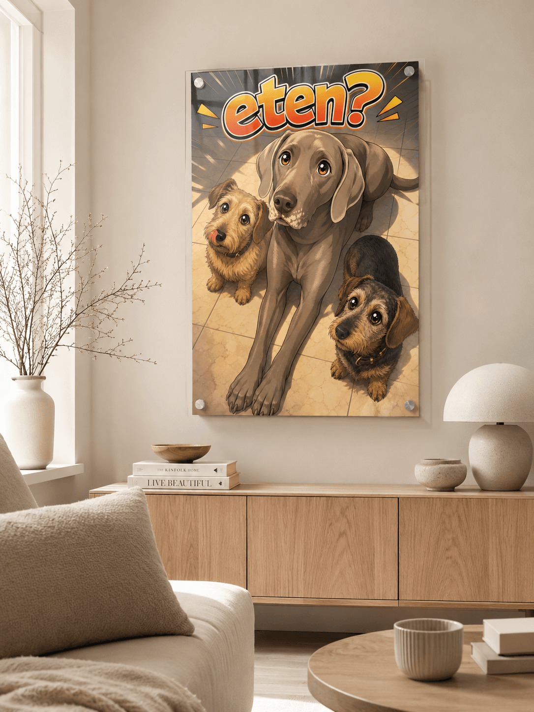 Echt klantvoorbeeld — acrylglas portret van drie honden in stripstijl