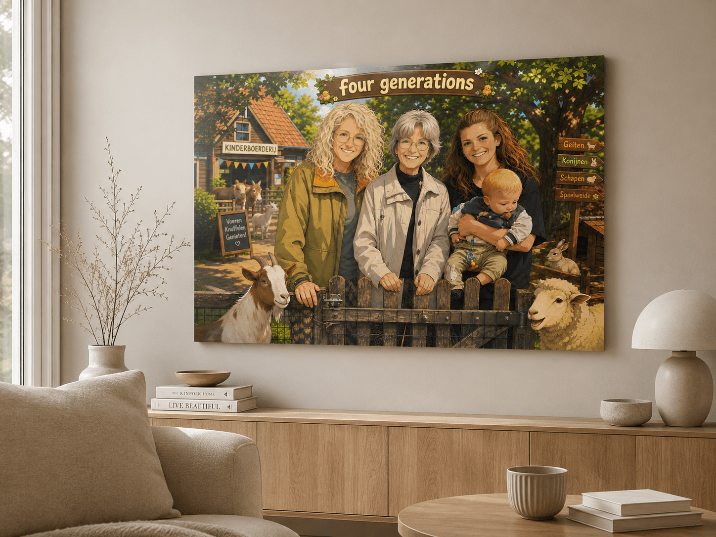 Echt klantvoorbeeld — canvas portret op kinderboerderij in illustratiestijl