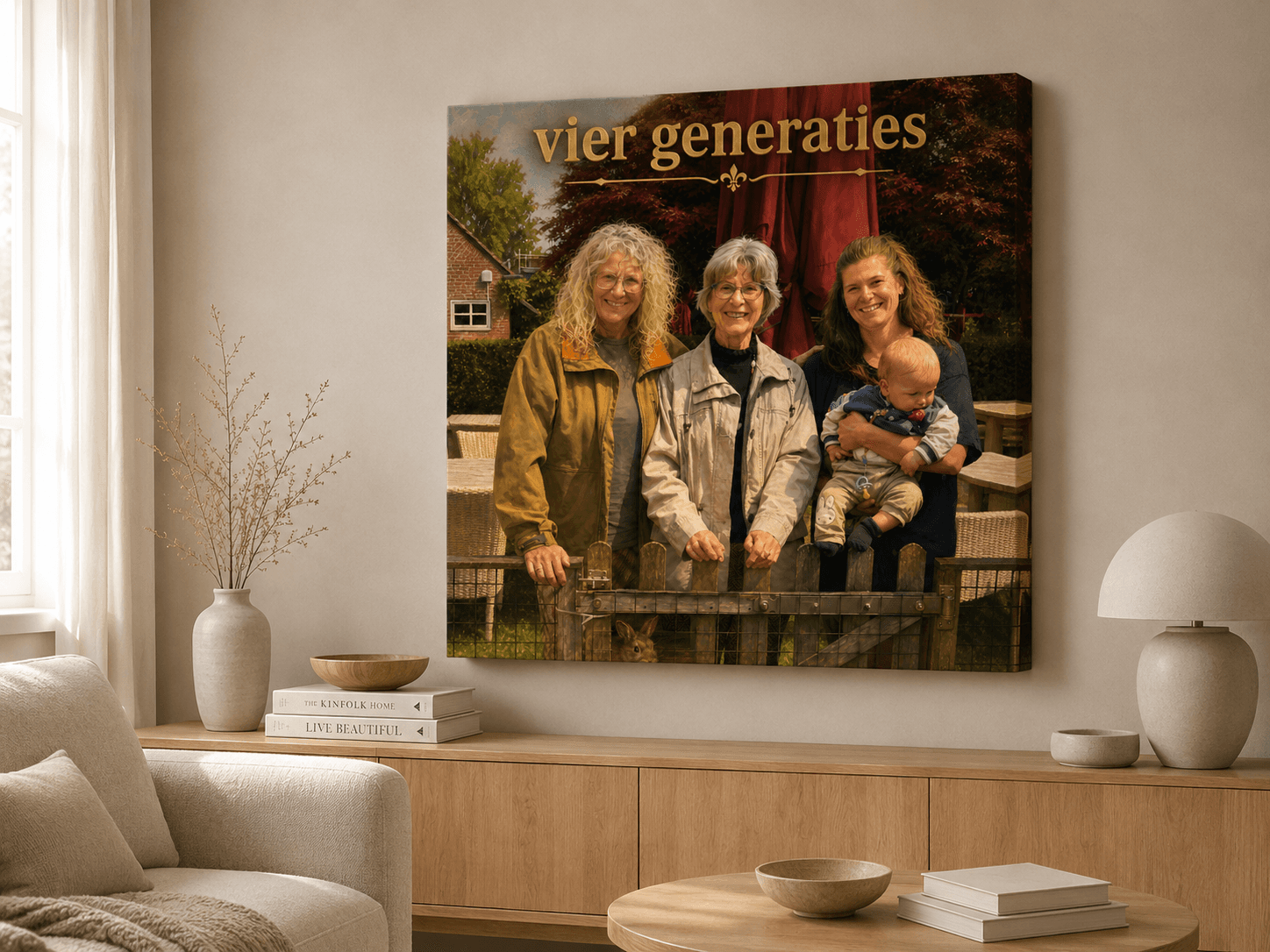 Echt klantvoorbeeld — canvas portret van vier generaties op de muur