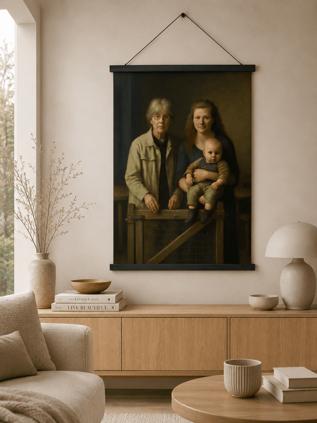 Echt klantvoorbeeld — poster met houten hanger in klassieke schilderijstijl